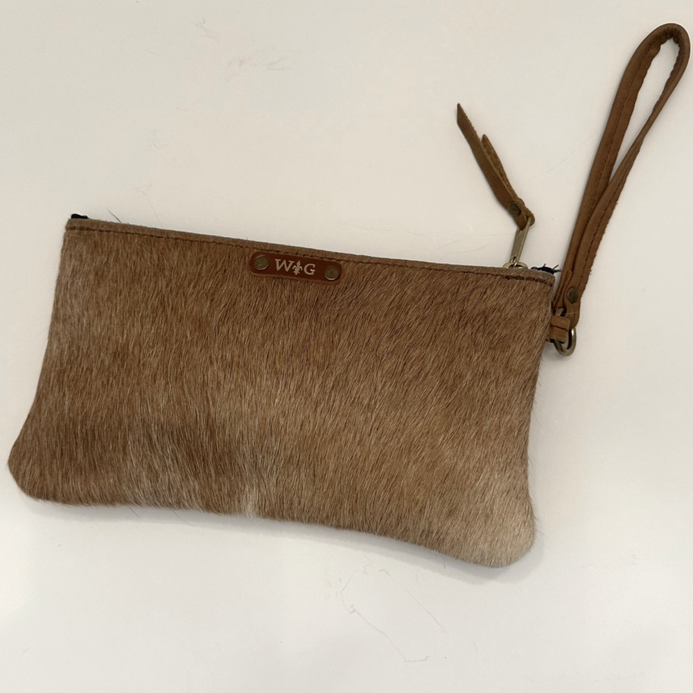 WG Wild Goose hair on hide cowhide leather clutch 10” x 5.5”